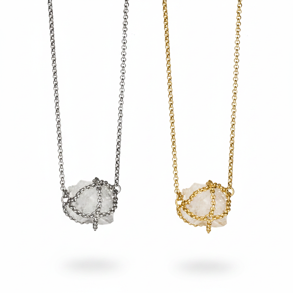 Caged Spanish Quartz Necklace — Stainless Steel & Gold