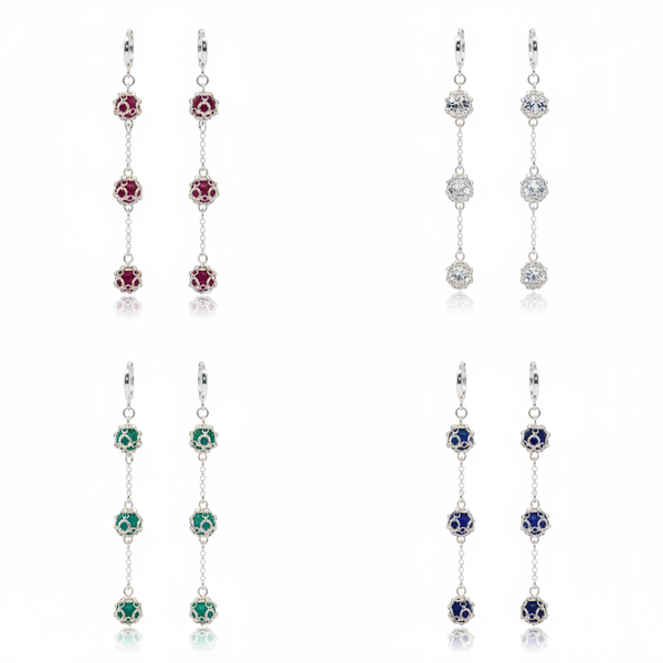 Caged Gemstone Triple Drop Chain Earrings — Sterling Silver