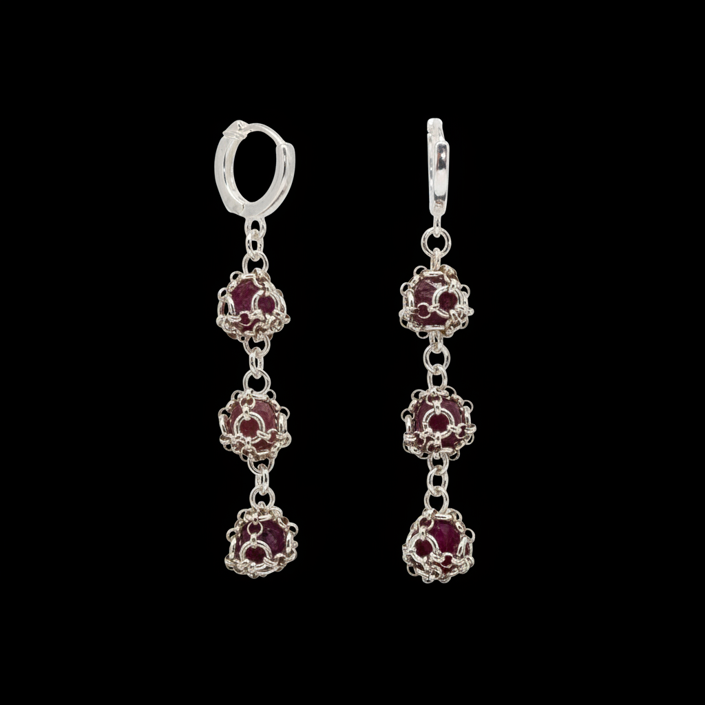 Ruby Triple Set Earrings in Sterling Silver on Black Background