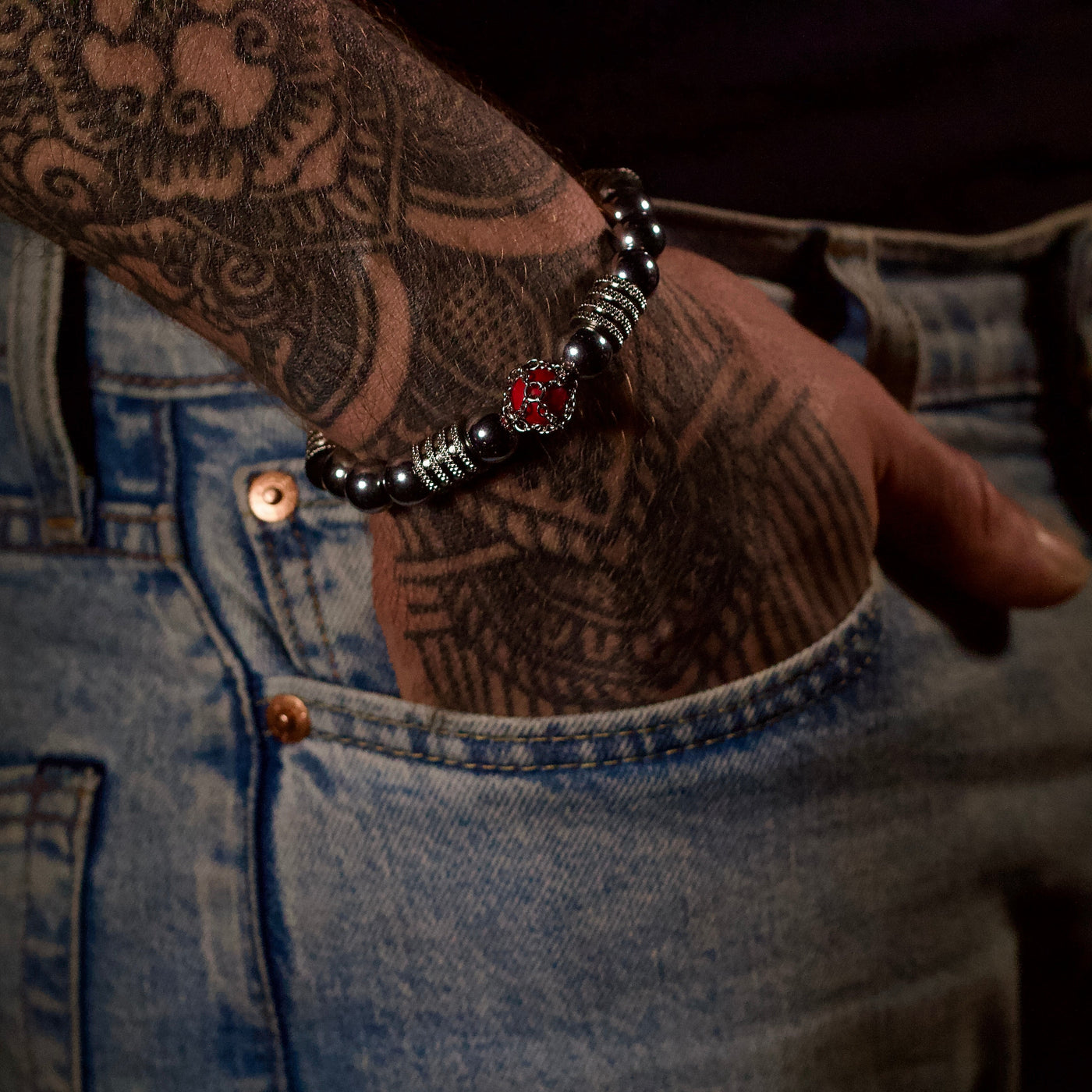 Coral Hematite Gemstone Stretch Bracelet