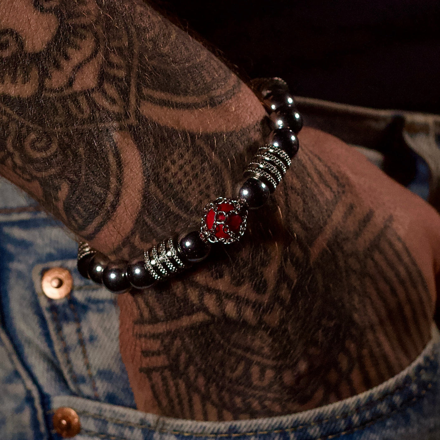 Coral Hematite Gemstone Stretch Bracelet