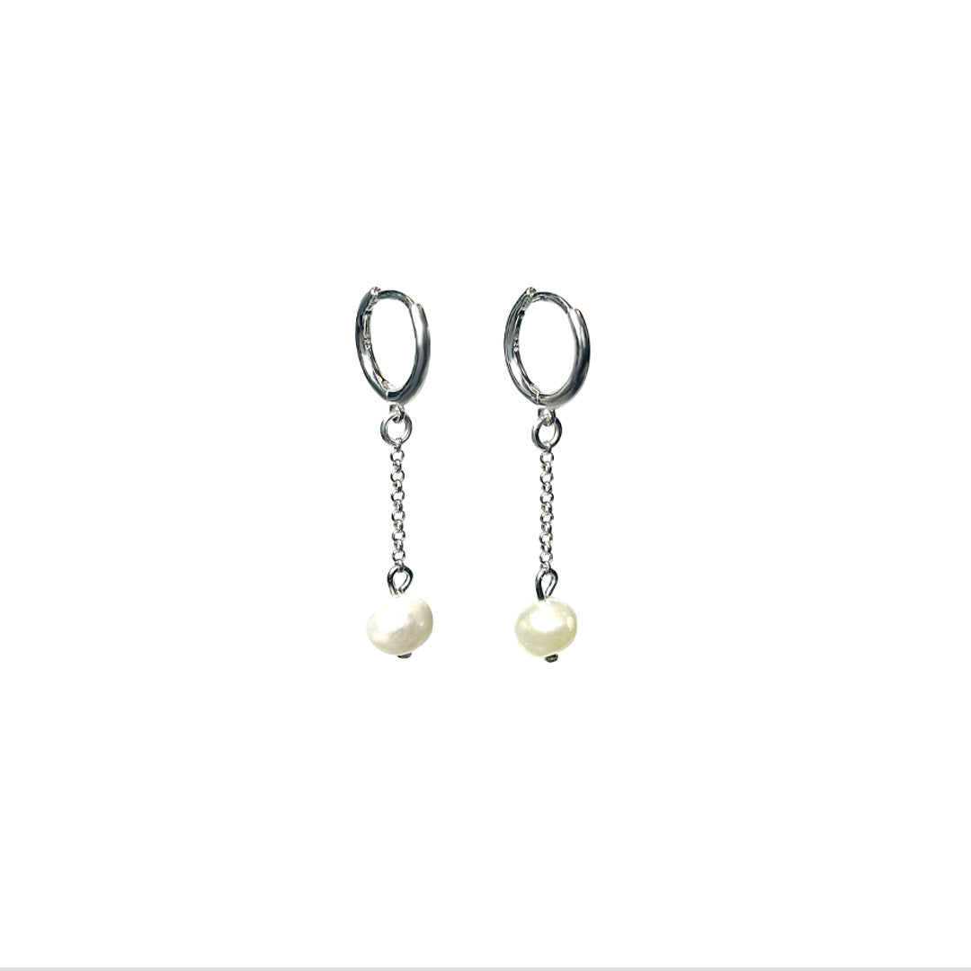 Silver Drop White Pearl Earrings