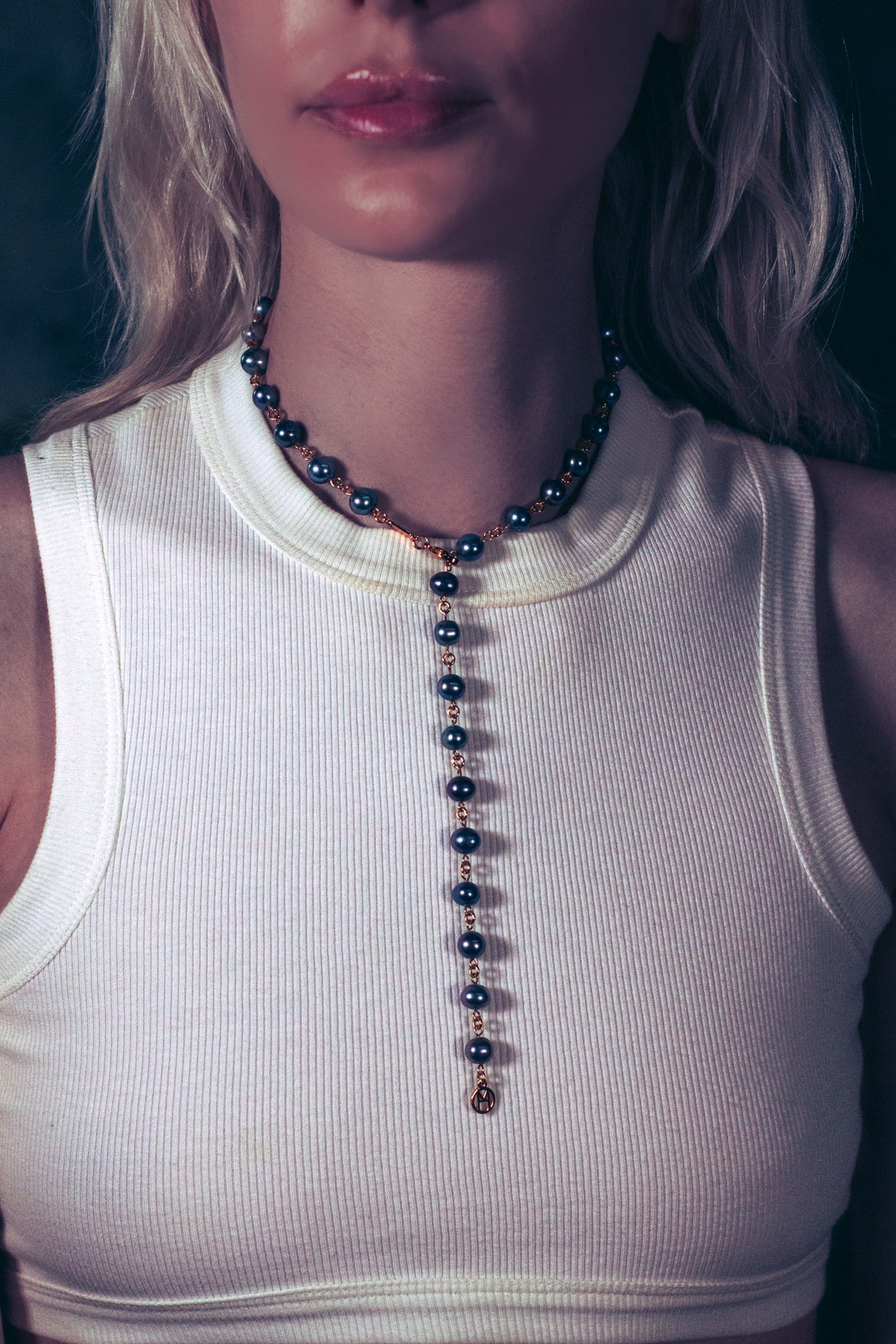 14k Gold Linked Black Pearl Necklace