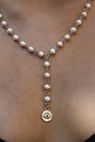 Pearl Evil Eye Coin Lariat