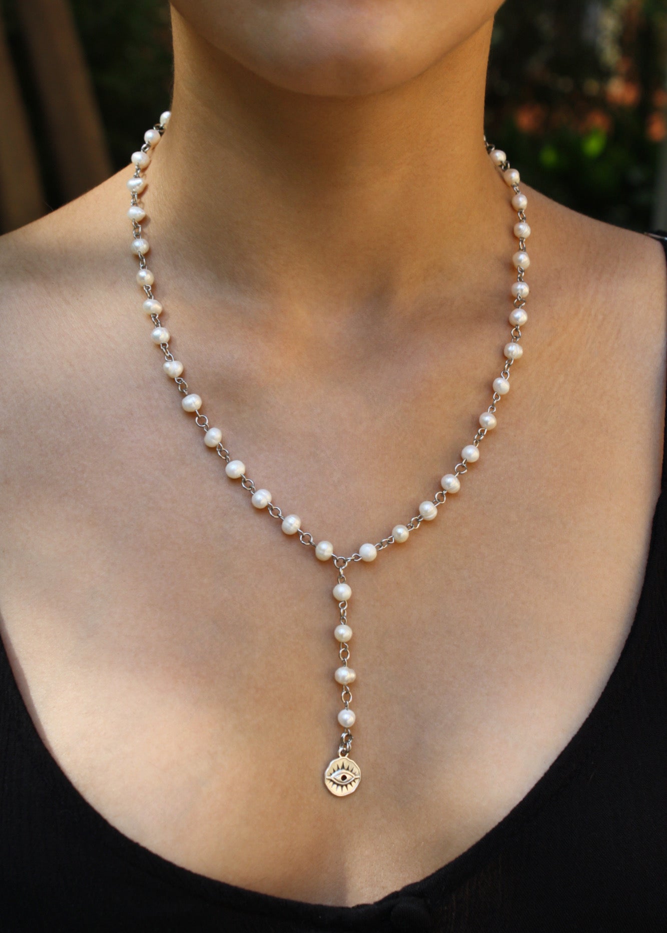 Pearl Evil Eye Coin Lariat