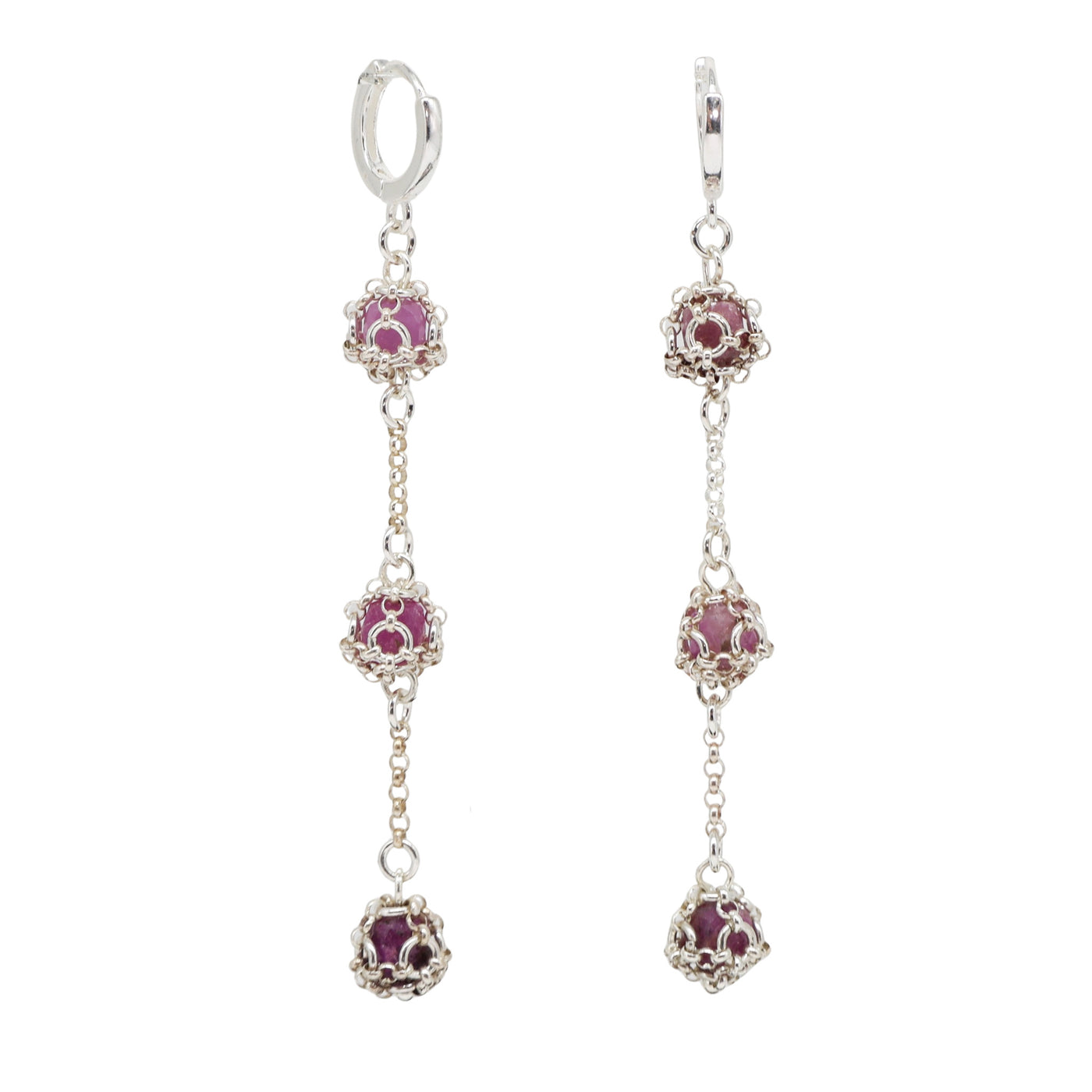 Ruby Triple Drop Chain Earrings in Sterling Silver
