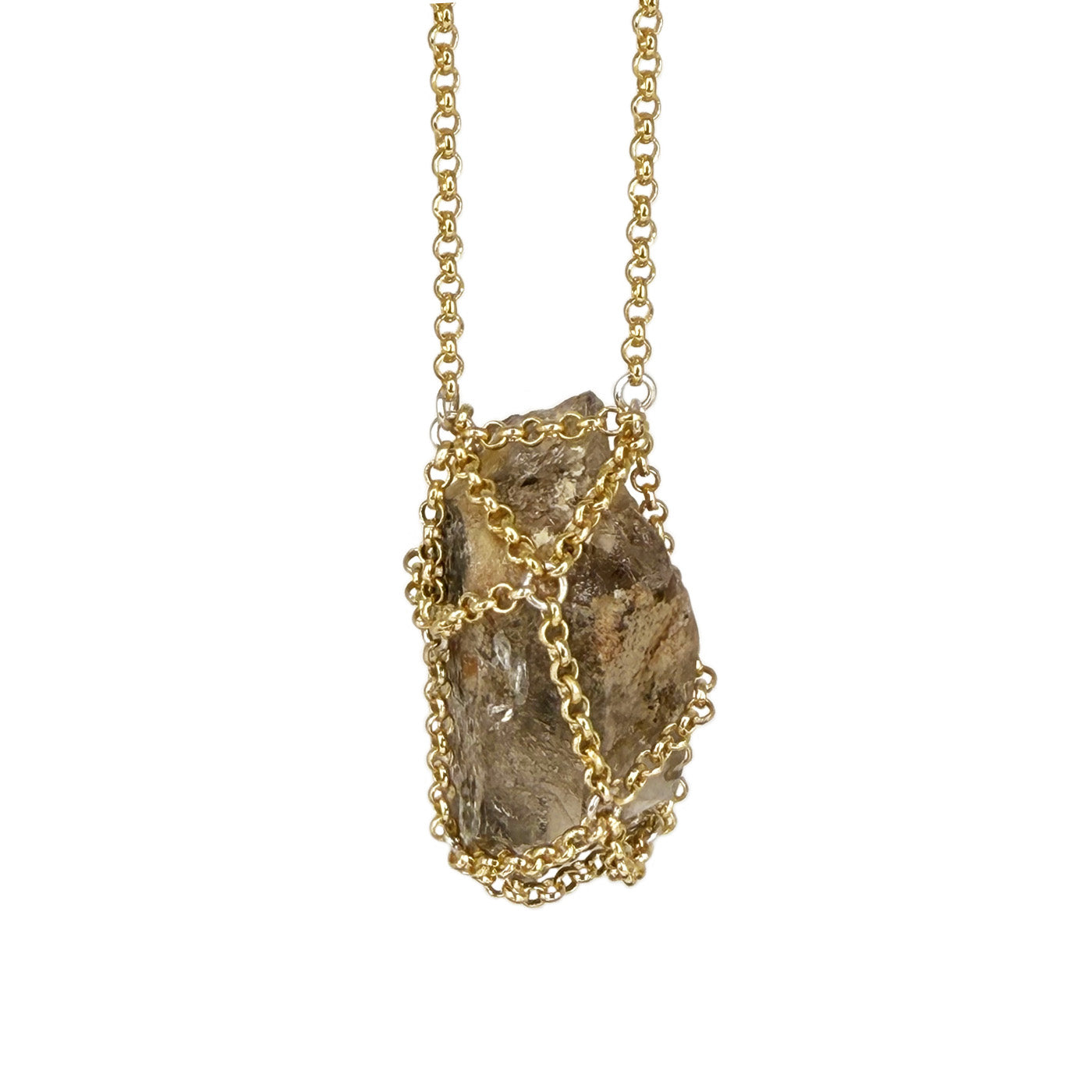 Caged Smoky Quartz Spike 14k Gold Brass Necklace I