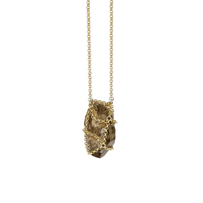 Caged Smoky Quartz Spike 14k Gold Brass Necklace I