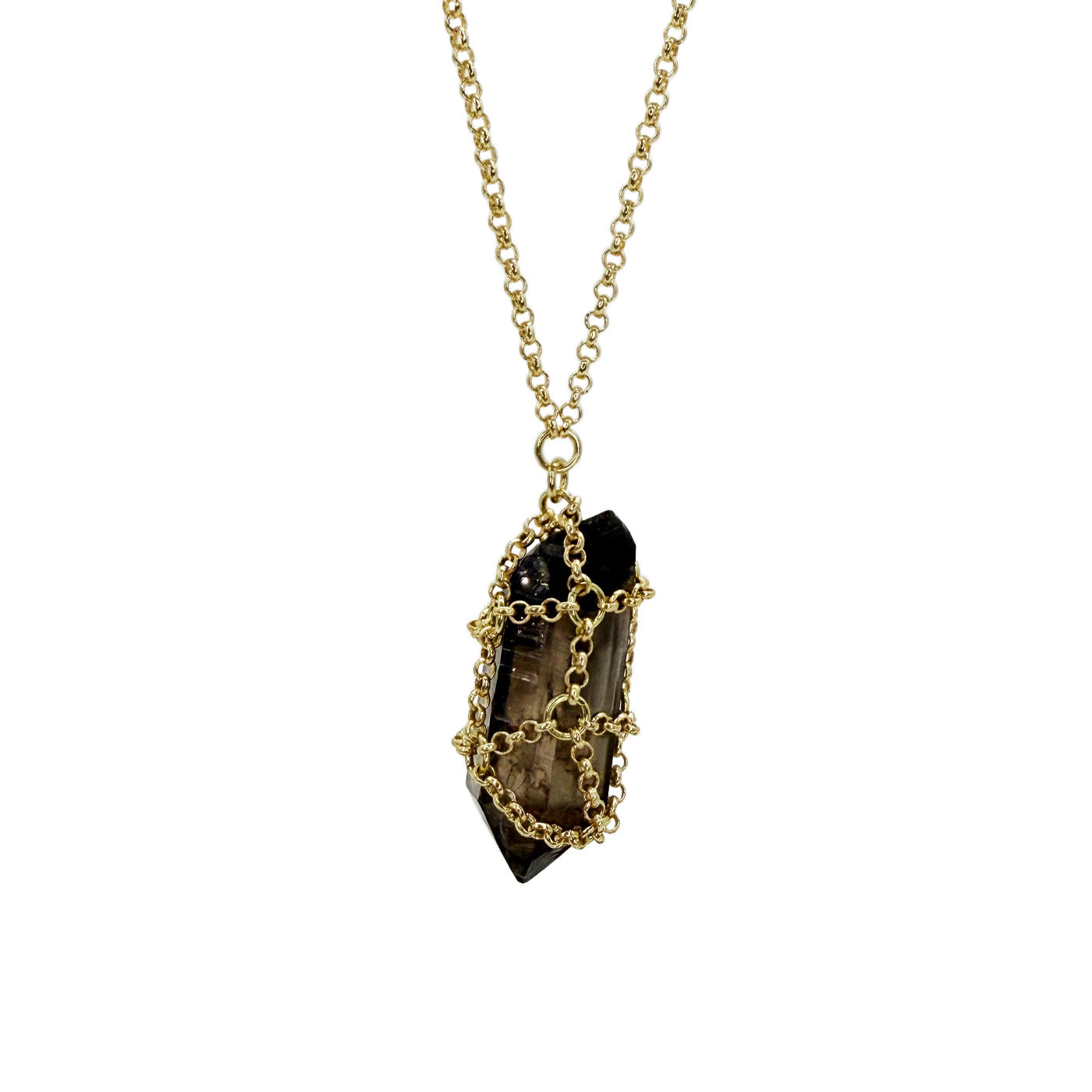 Caged Smoky Quartz Gemstone 14k Gold Brass Pendant