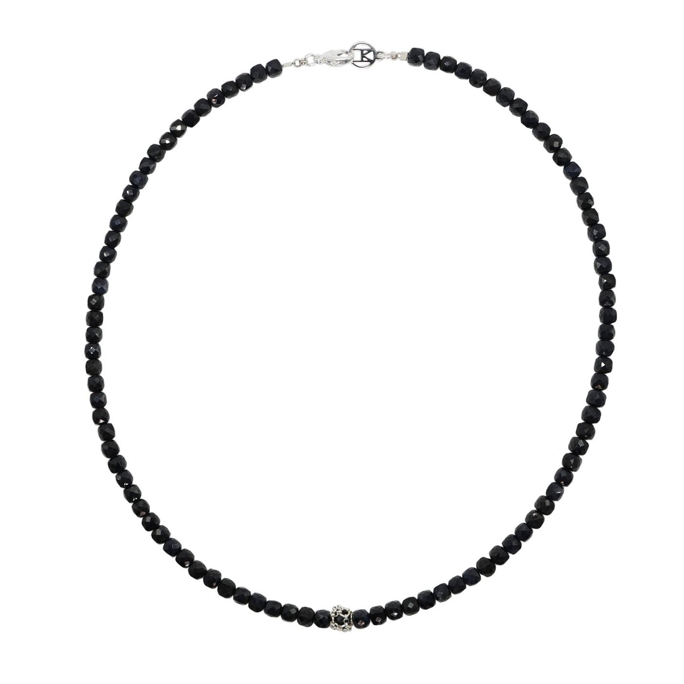 Black beaded sapphire gemstone necklace on a white background