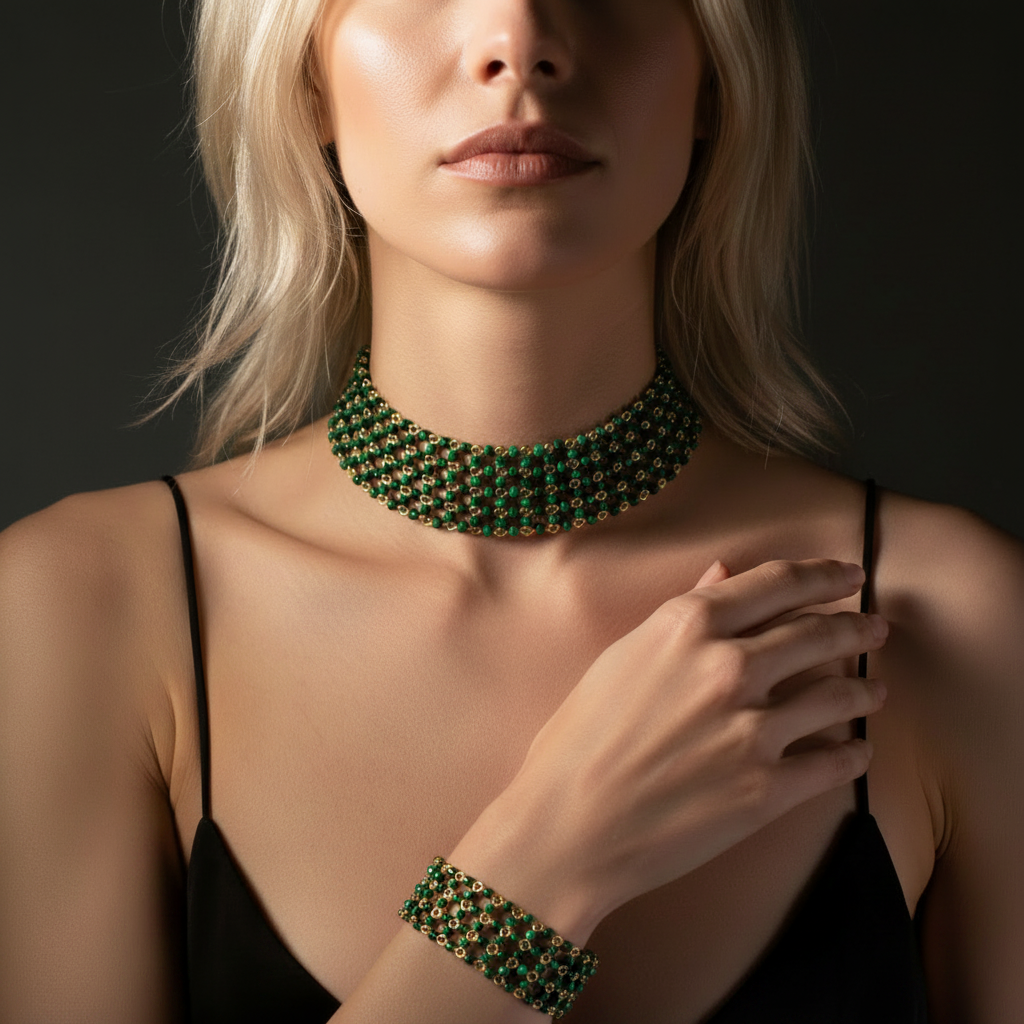 Malachite Choker & Bracelet on Model