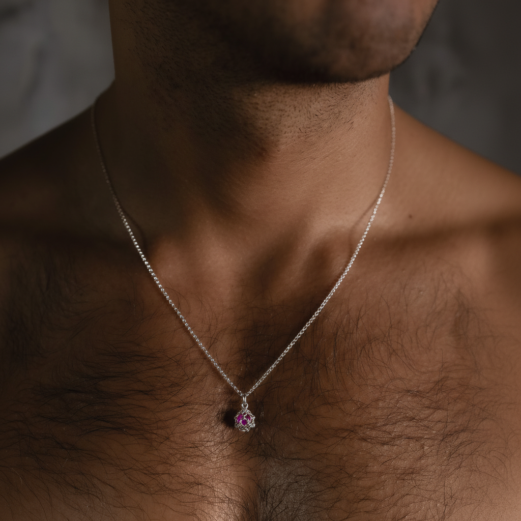 Male model wearing Caged Ruby Pendant Necklace - ruby 
