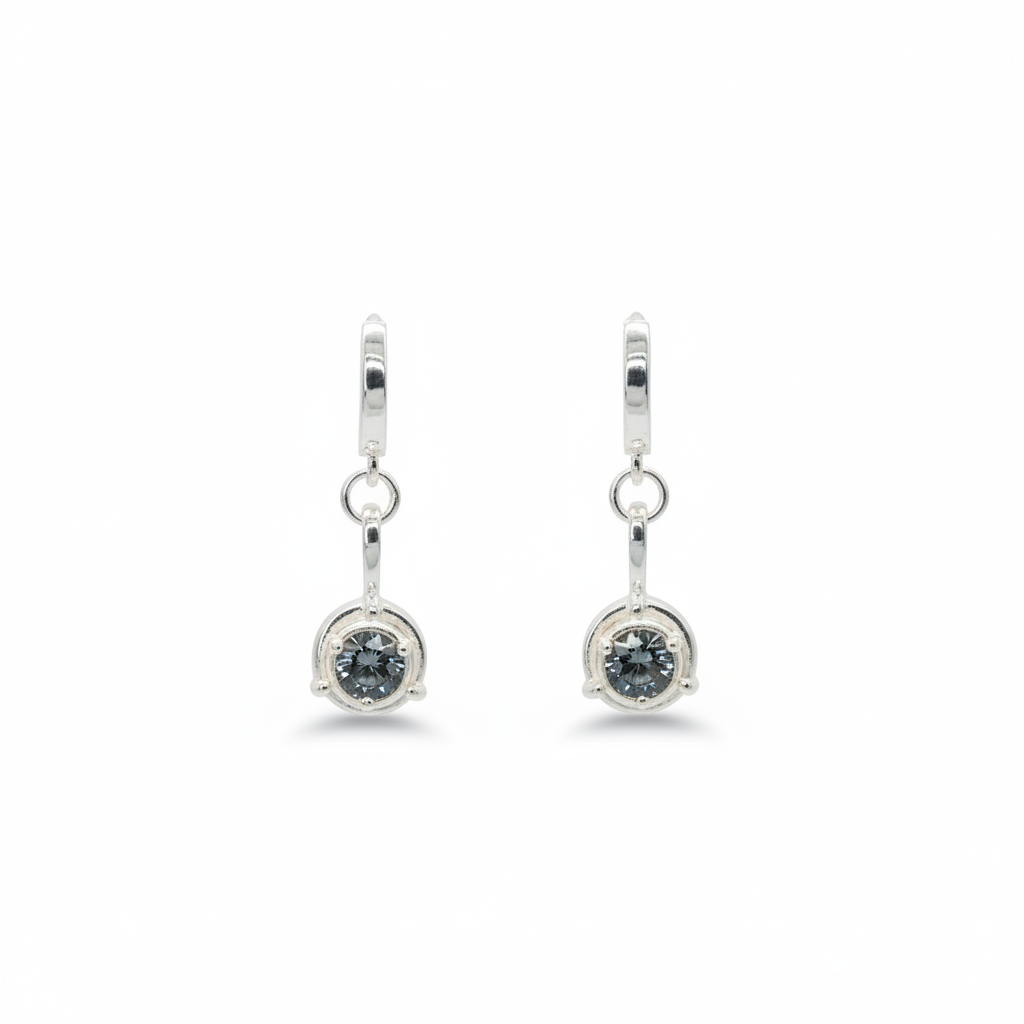 Silver huggie hoops with dark grey-blue moissanite charms