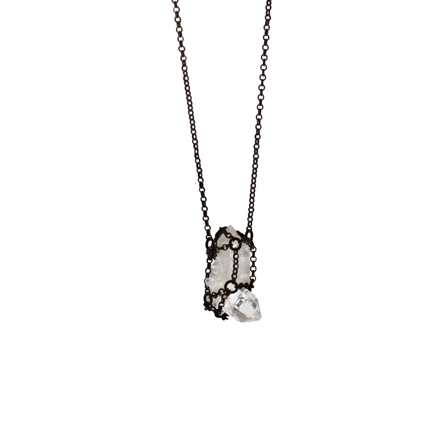 Caged Quartz Necklace in Oxidized Silver